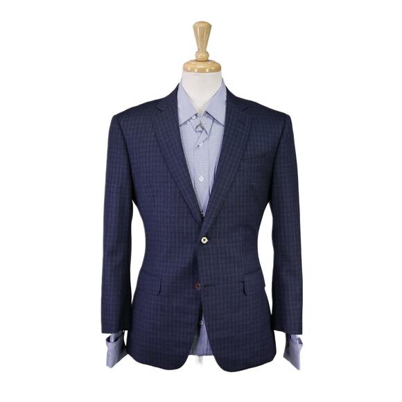 Black Lapel Custom Blue Checkered 2-Btn Slim Wool Fleece Sportcoat Blazer 36S - Picture 1 of 9